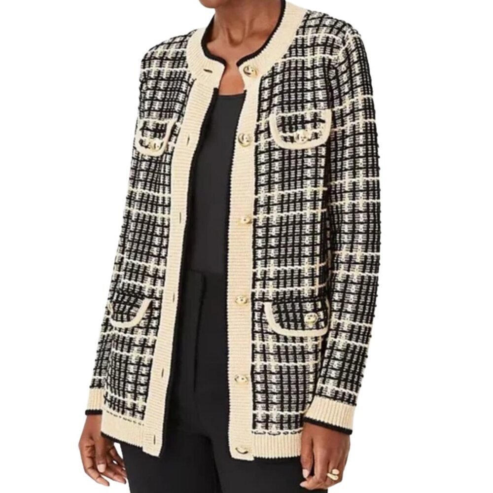 Ann Taylor Shimmer Metallic Plaid Cardigan Sweater Quiet Luxury - Medium
